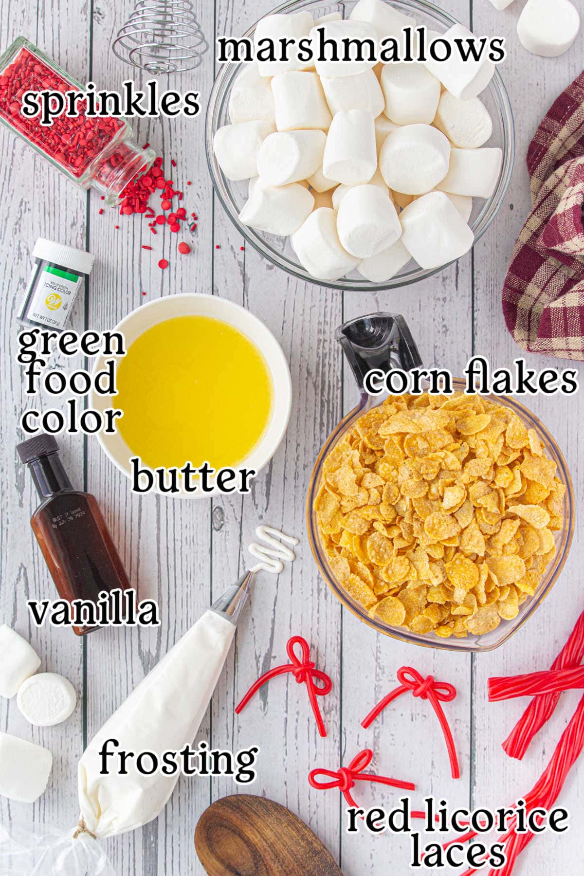 Labeled ingredients for cornflake wreath cookies.