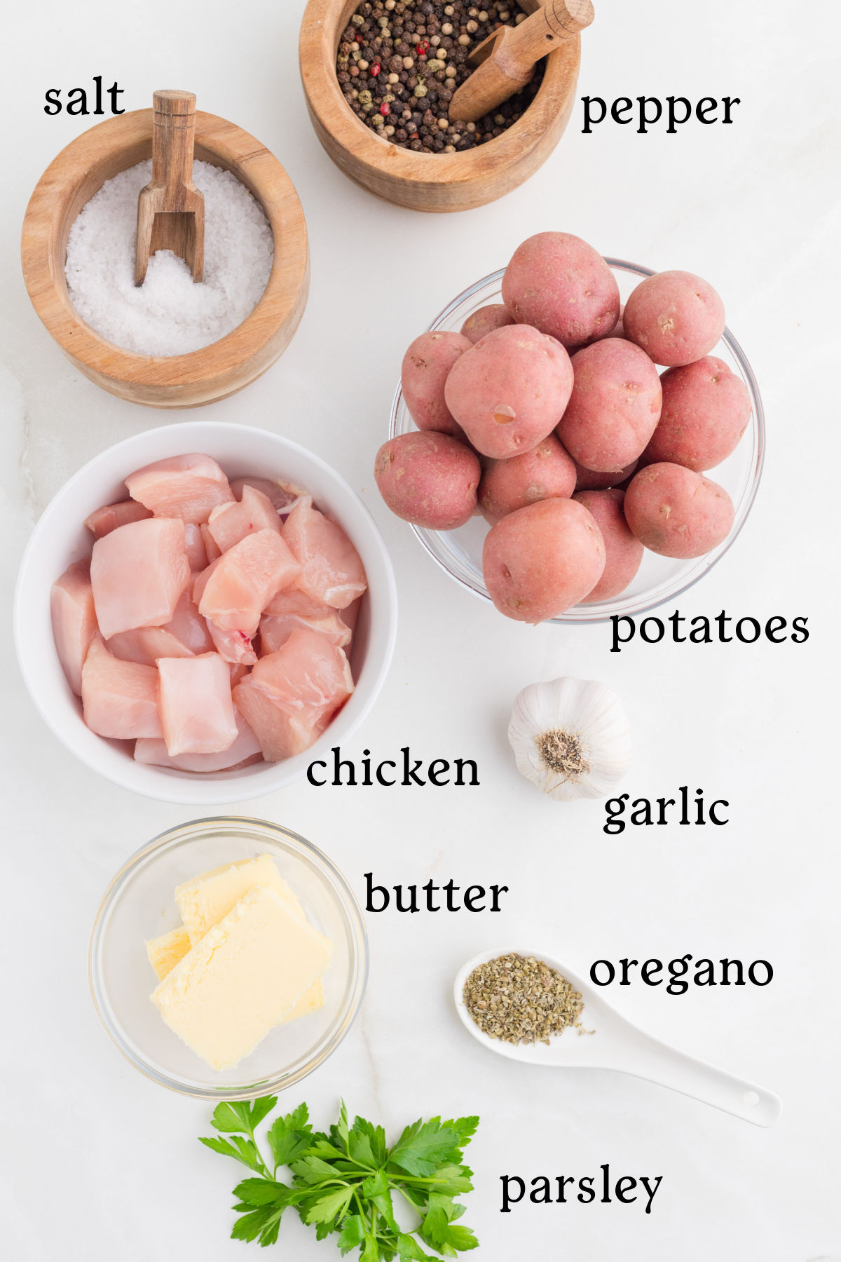 Labeled ingredients for garlic butter chicken and potatoes.