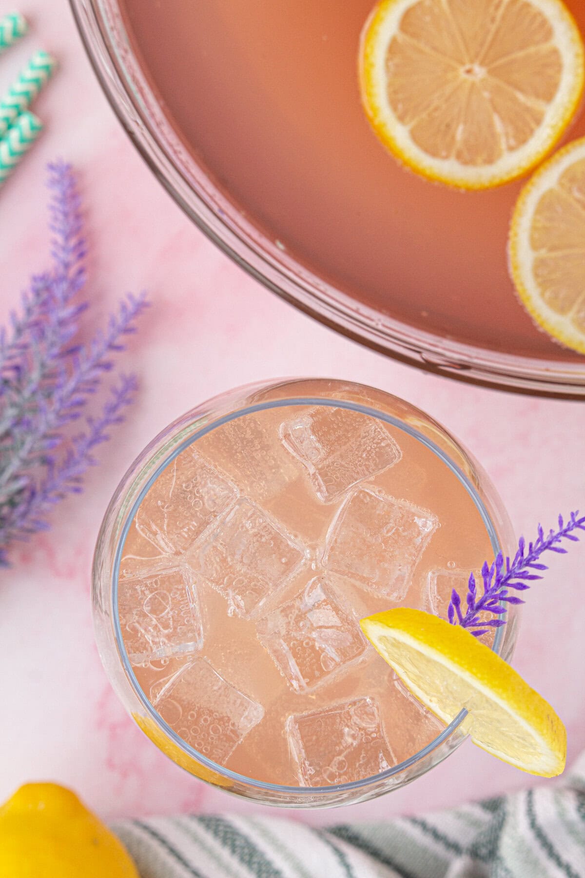 Overhead view of lavender punch in a glass.