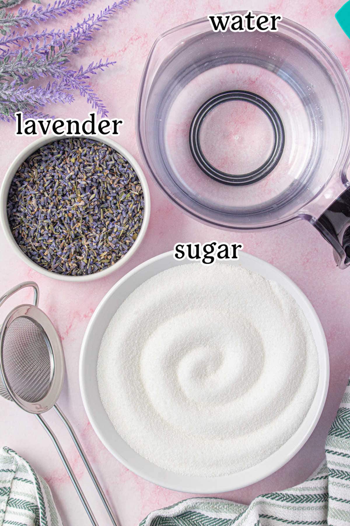 Labeled ingredients to make the lavender simple syrup recipe.