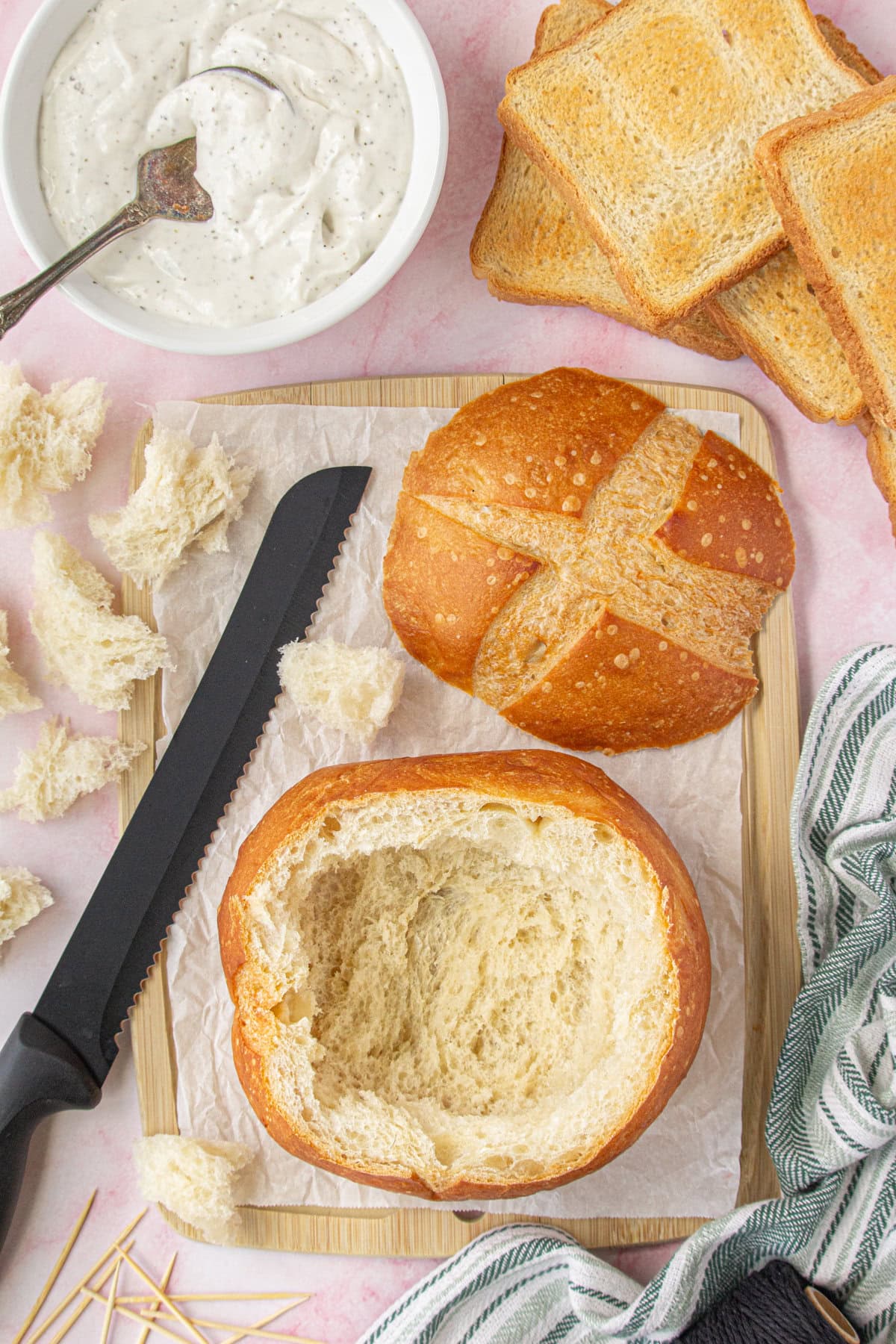 Overhead view of the bread bowl after it's hollowed out.