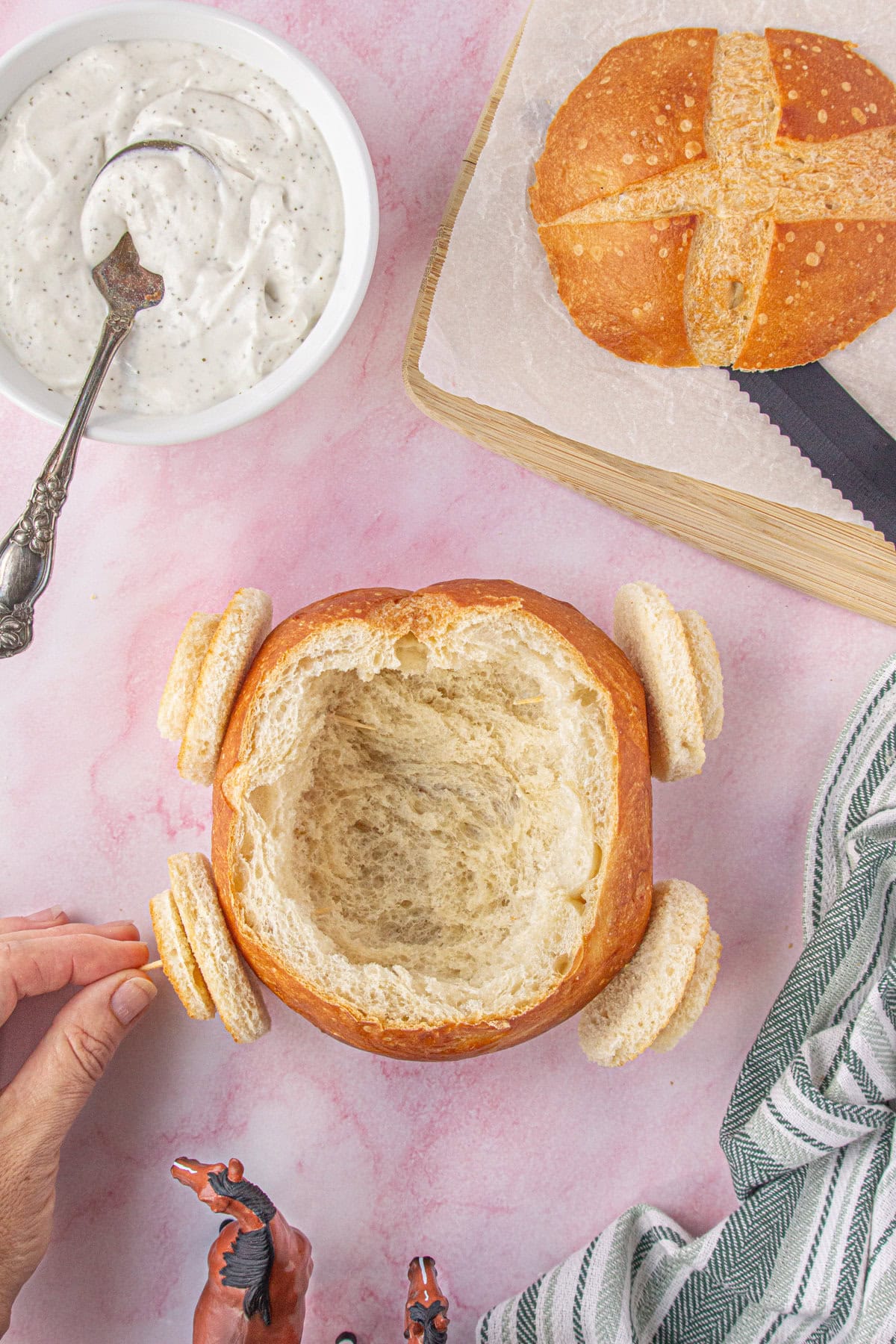 Overhead view of the wheels attached to the bread bowl.