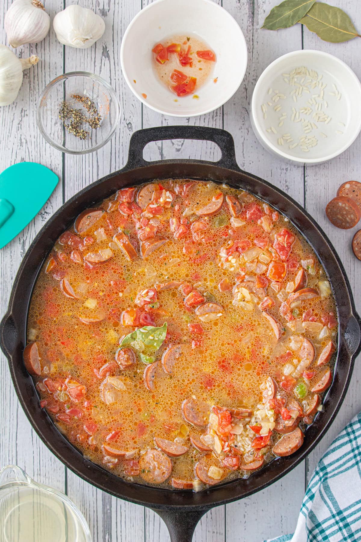 Simmering the jambalaya.