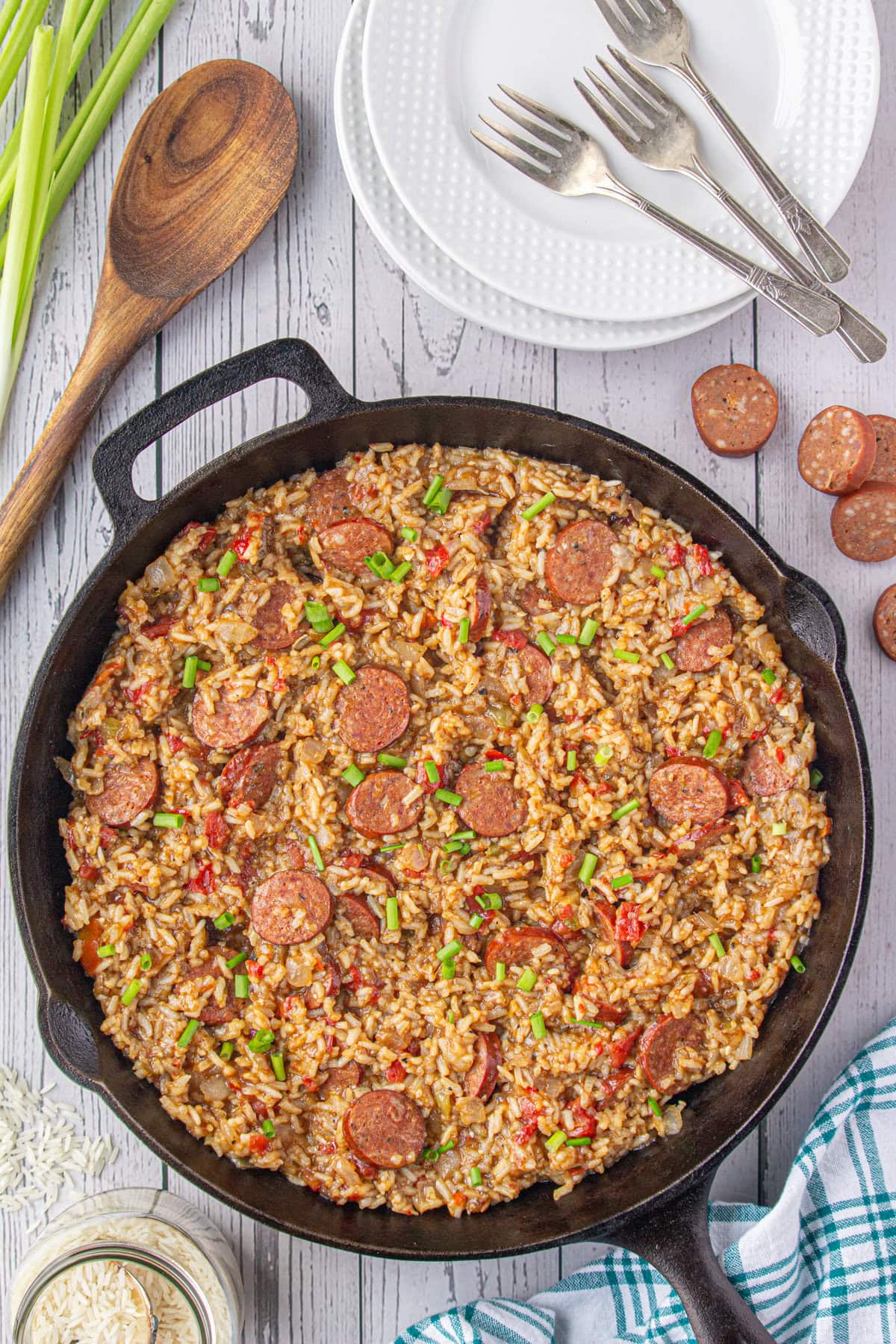 Smoked sausage jambalaya in a skillet.