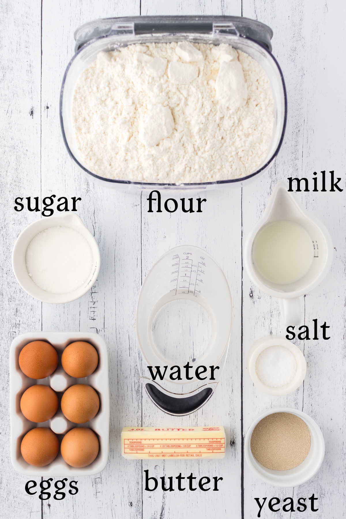 Labeled ingredients for soft dinner rolls recipe.