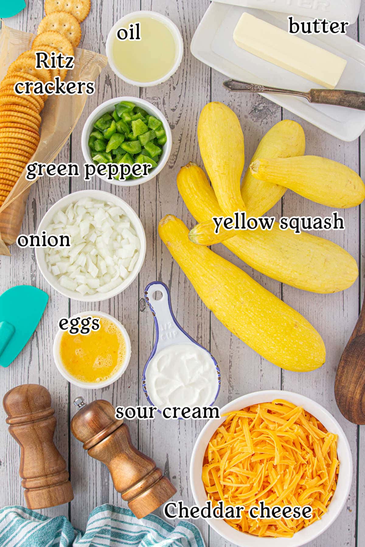 Labeled ingredients for summer squash casserole.