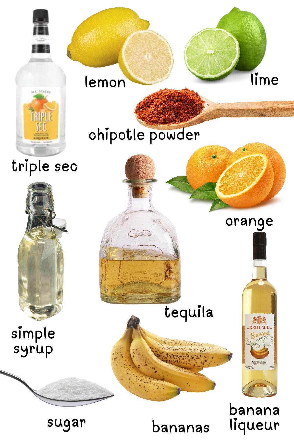 Labeled ingredients for banana margarita.