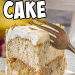 SLice of banana walnut cake with a title text overlay for Pinterest.