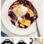 Blackberry cobbler collage of finished recipe plus step by step images underneath and a title text overlay for Pinterest.