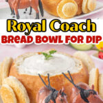 Collage of images of the bread bowl made to look like a coach with a title text overlay for Pinterest.