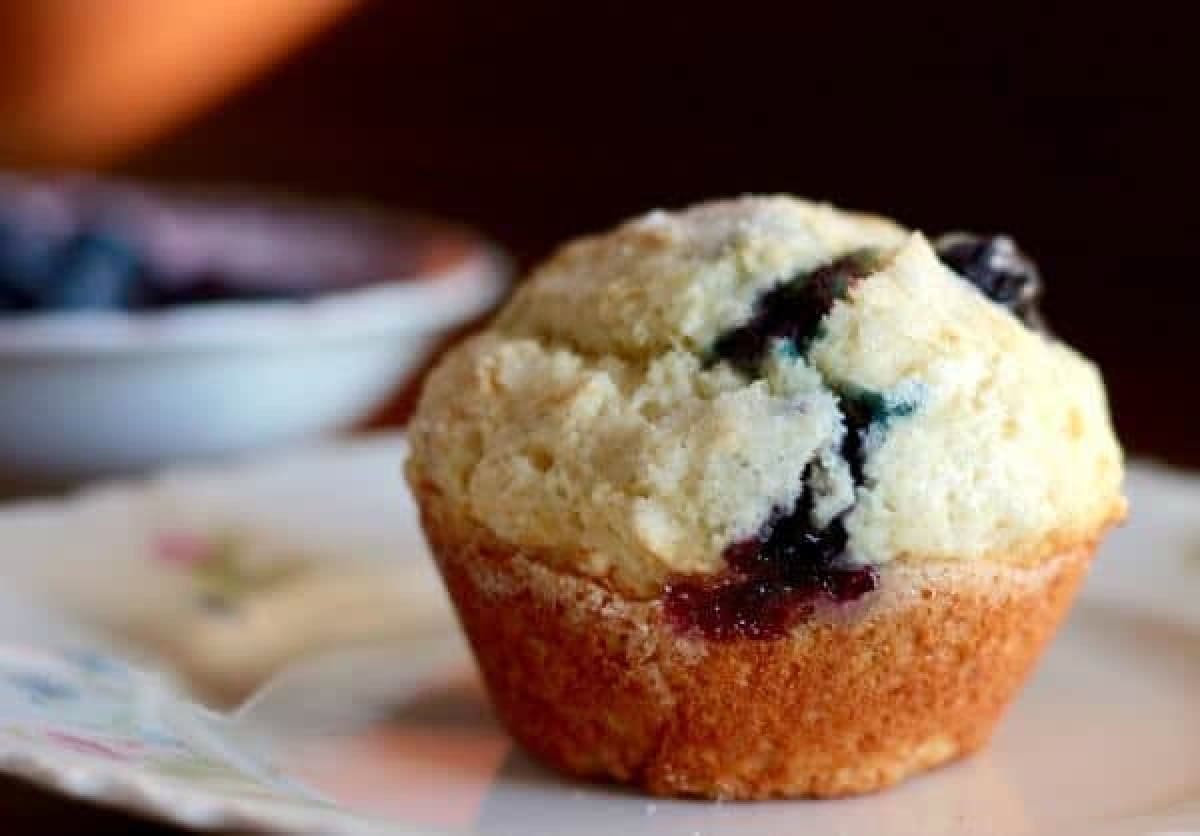 A closeup of a blueberry muffin.