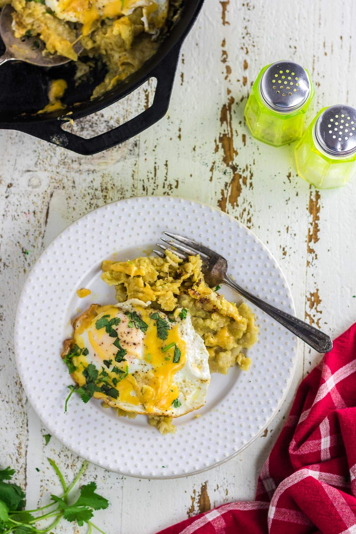 Green chilaquiles with a sunny side up egg on a plate. 