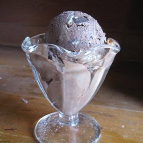 A scoop of chocolate Oreo ice cream in a glass ice cream dish.