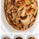 Collage of an image of finished pulled pork with step by step images below and a title text overlay for Pinterest.