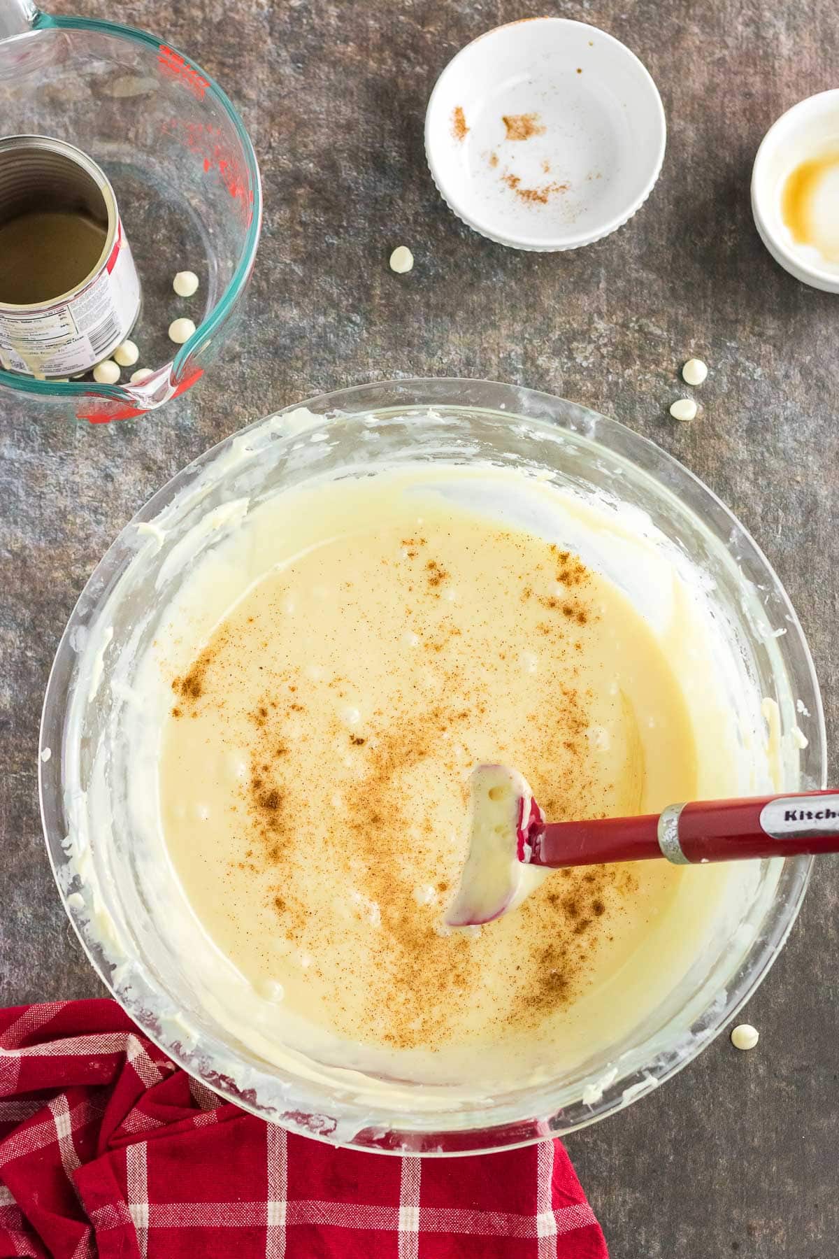 Mixing the fudge ingredients together.