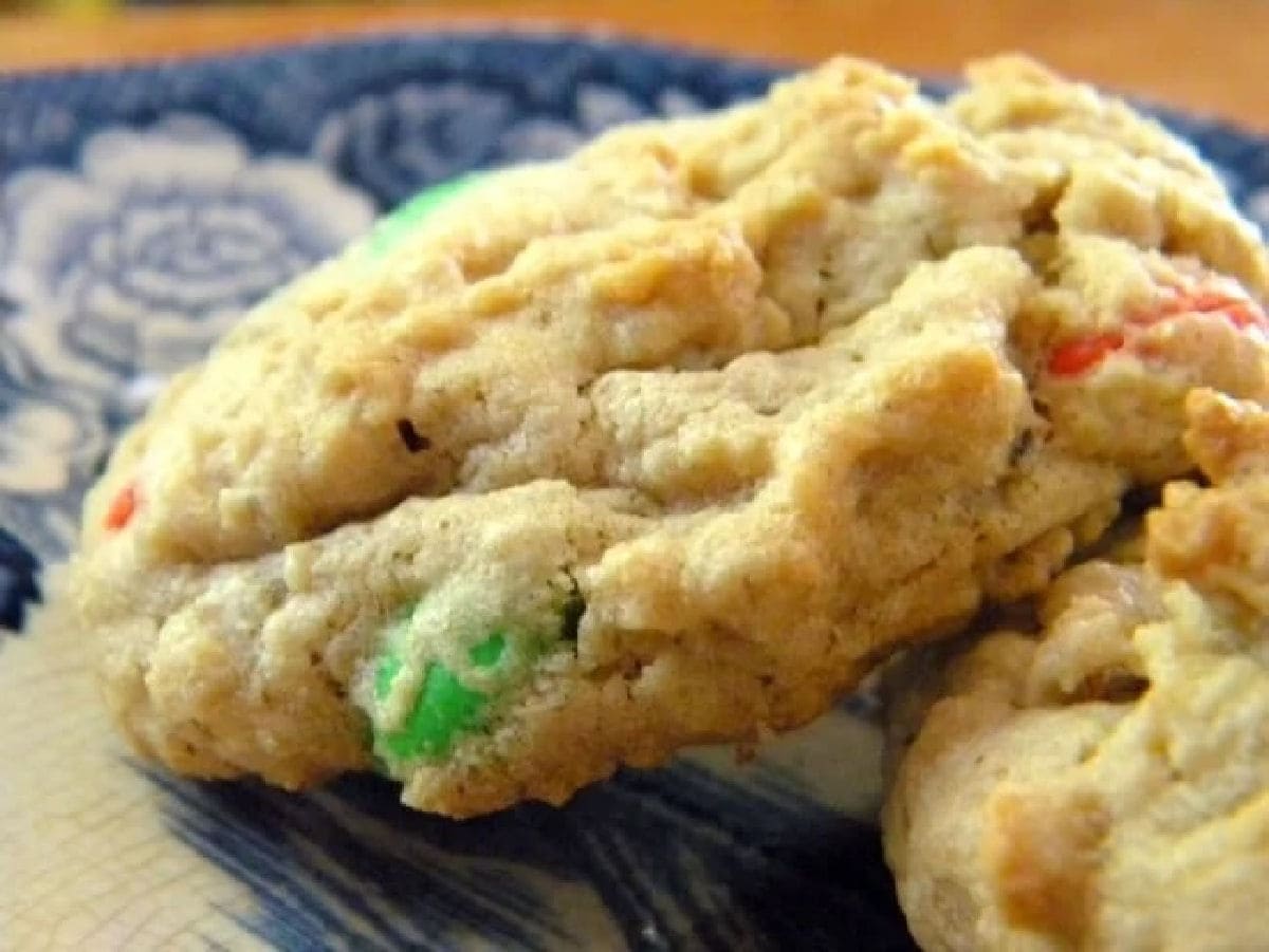 Closeup of monster cookies on a plate.