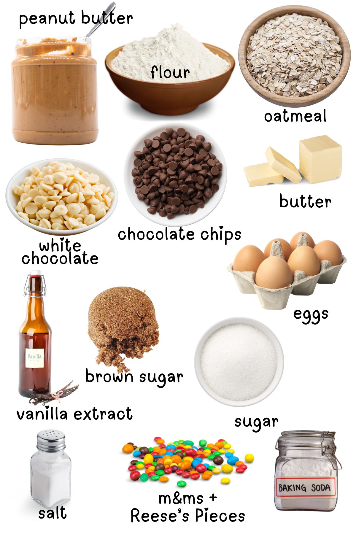 Labeled ingredients for monster cookies recipe.