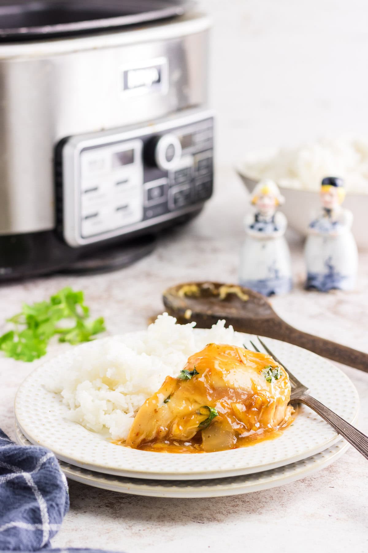 Orange chipotle chicken on a serving plate with rice.