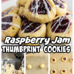 A collage of images related to raspberry thumbprint cookies with a title text overlay for Pinterest.