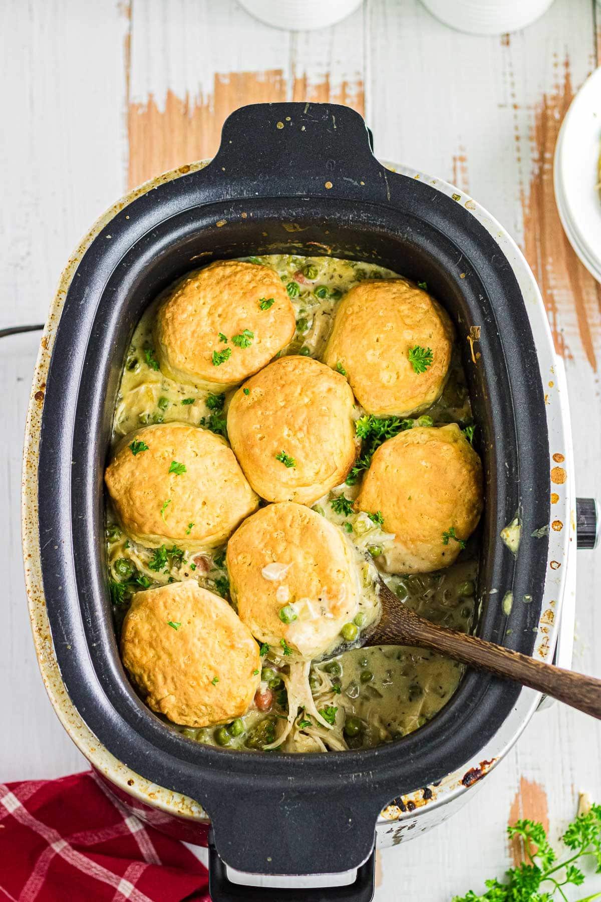 An overhead view of slow cooker chicken pot pie.