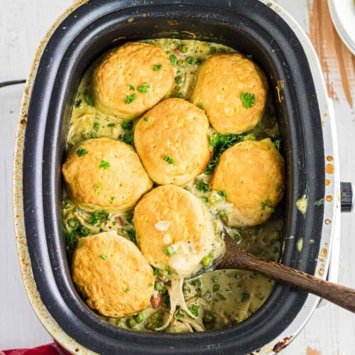 Overhead view of chicken pot pie with biscuits.