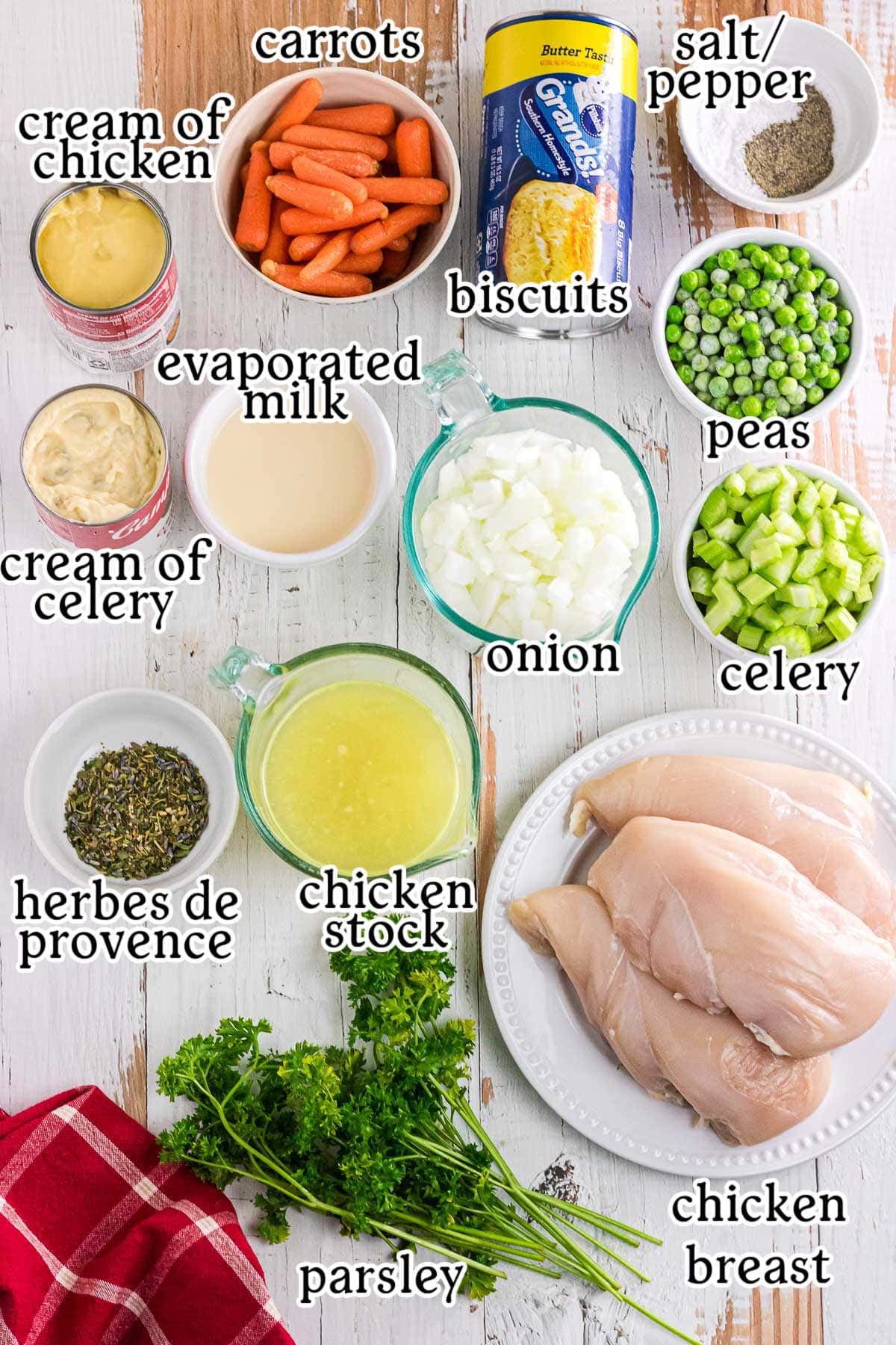 Labeled ingredients for slow cooker chicken pot pie.