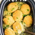 Overhead view of chicken pot pie in the slow cooker with a title text overlay for Pinterest.