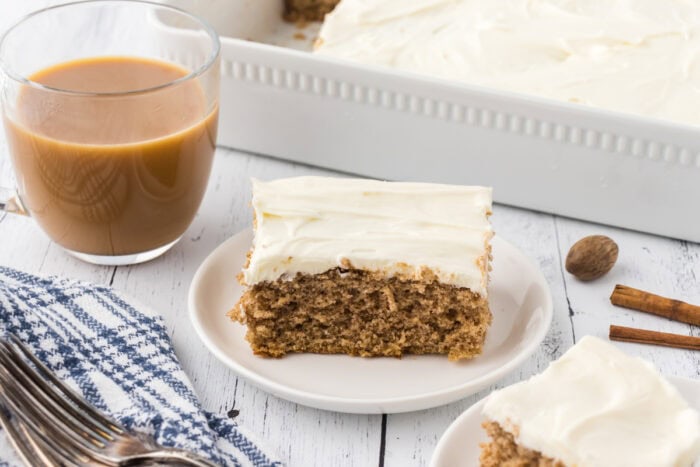 A slice of spice cake on a plate.