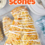 A scone with a white chocolate drizzle and title text overlay for Pinterest.