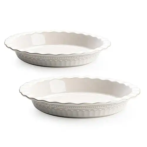 Ceramic Pie Pan for Baking, 9 inch Pie Pans Set of 2, Round Pie Dish for Dessert Kitchen, Farmhouse Vintage Color Pie Plate, Oven & Dishwasher Safe, Off-White