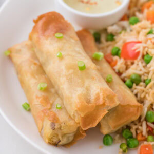 Closeup of golden brown spring rolls on a plate.