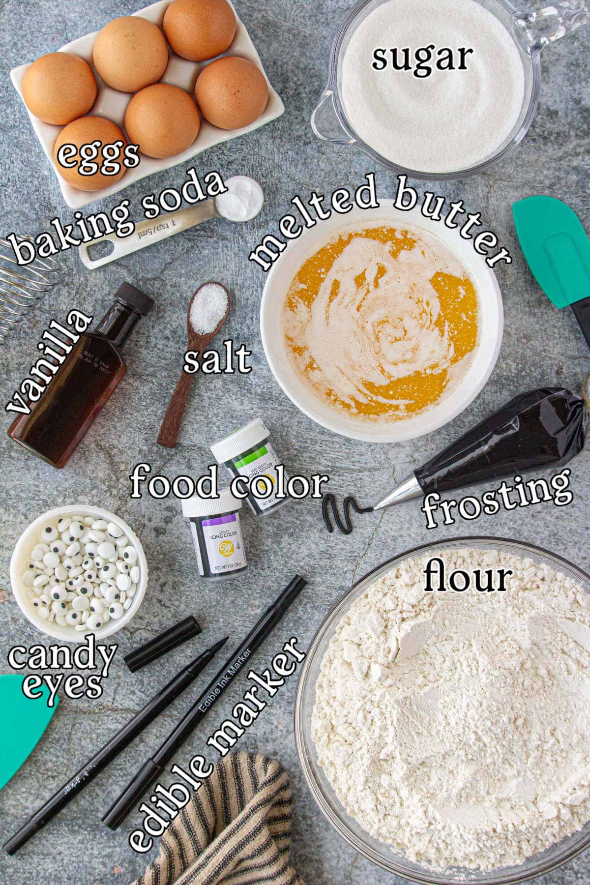 Labeled ingredients for halloween pinwheel cookies.