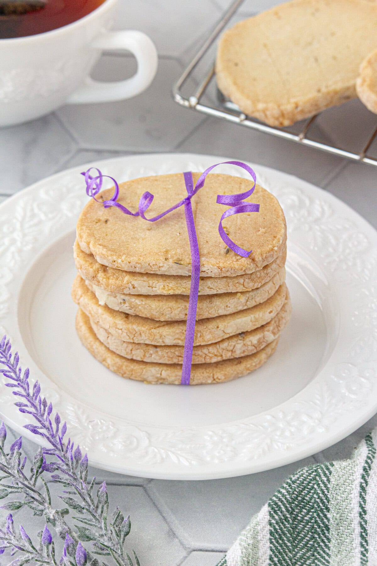 Lavender shortbread cookies wrapped with a purple ribbon.