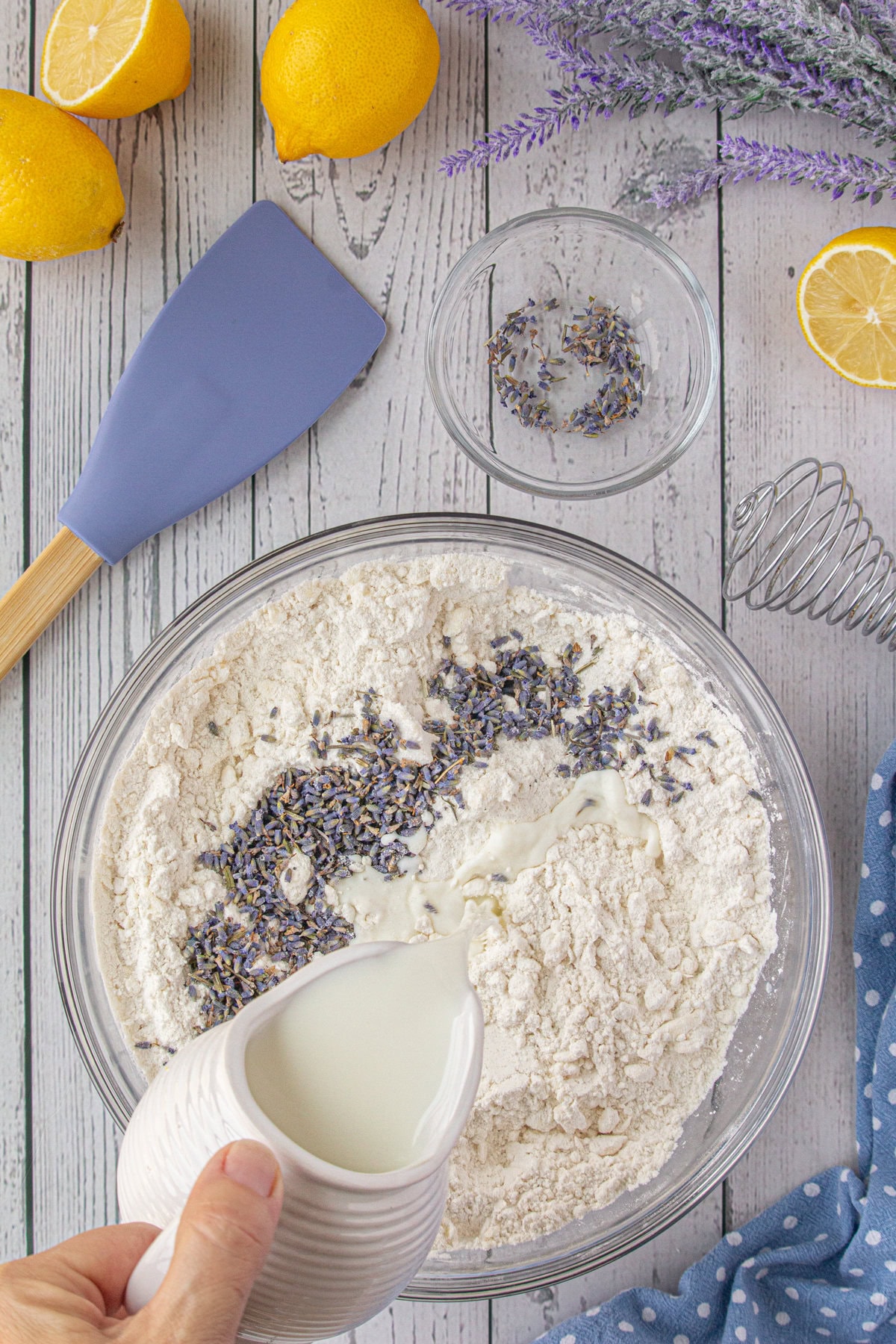 Adding milk and lavender to the butter and flour mixture.