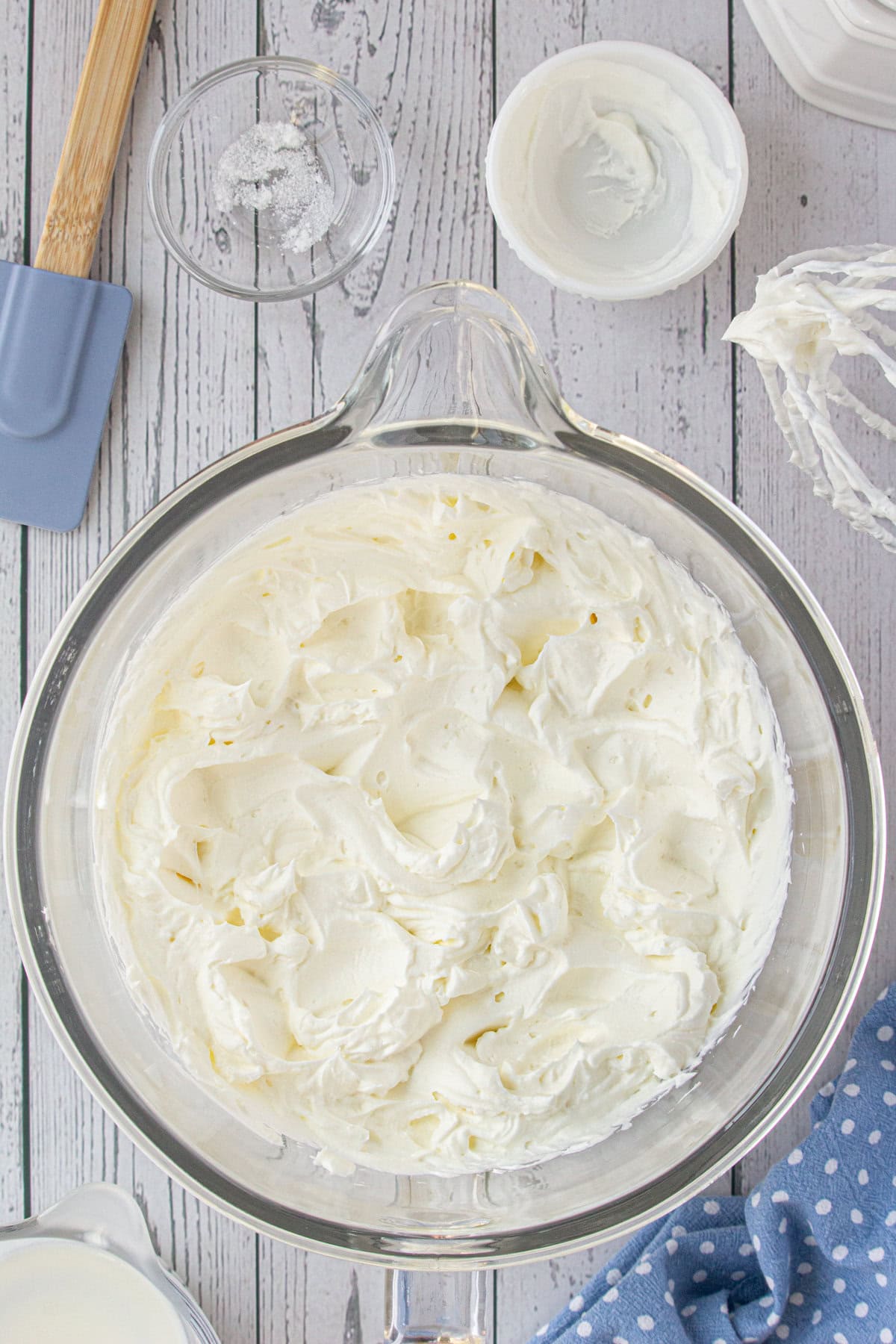 FInished mock clotted cream in a glass bowl.