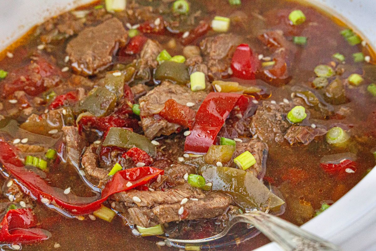 Pepper steak in the slow cooker.