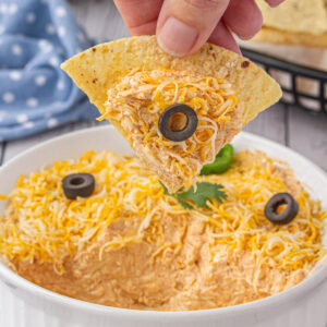 A tortilla chip being dipped into the cheesy taco dip.