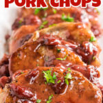 Cherry chipotle pork chops on a platter with a text overlay for Pinterest.