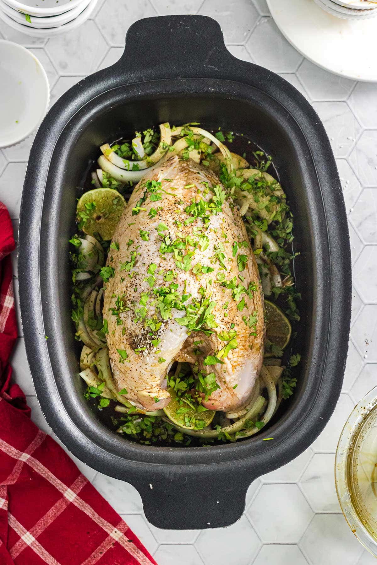 The chipotle citrus turkey breast in the slow cooker.