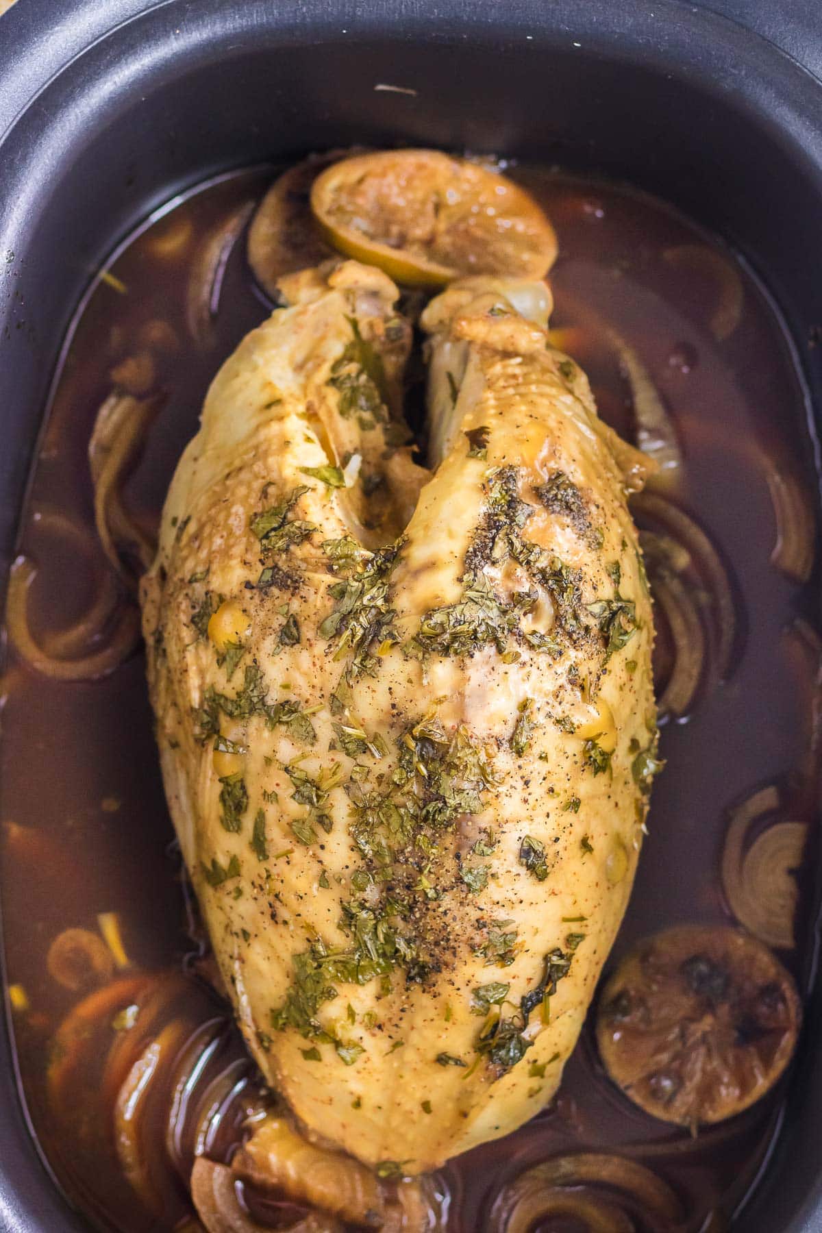 The chipotle citrus turkey breast in the slow cooker.