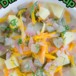 Overhead view of dill pickle soup with title text overlay for Pinterest.