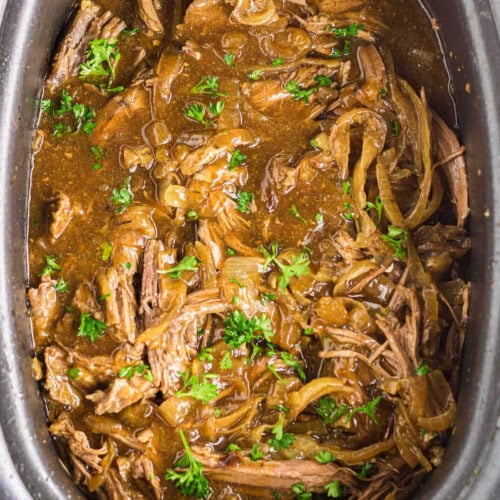 Overhead view of French Onion Pot Roast in the slow cooker.