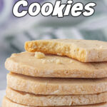 Stack of lavender shortbread cookies with title text overlay.