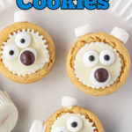 Closeup of polar bear cookies with title text overlay for Pinterest.