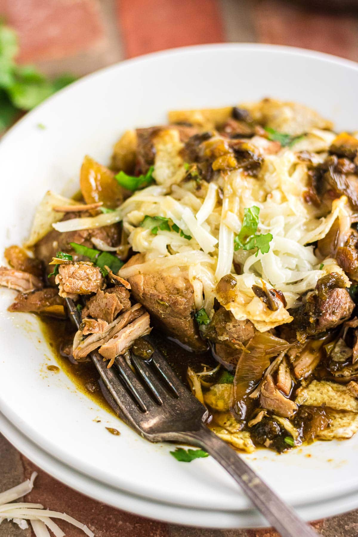 A close-up photo of pork chile verde in a dinner bowl topped with shredded cheese and cilantro.