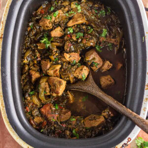 Overhead view of pork chile verde in the slow cooker.