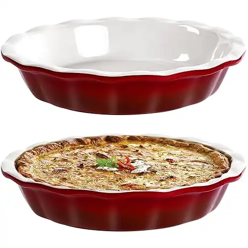 Lareina Pie Pans for Baking, Ceramic 9 Inch Deep Pie Dish with Rippled Edge for Apple Pie, Pecan Pie, Colorful and Durable Pie Plate, Christmas Gifts for Women, Set of 2, Red