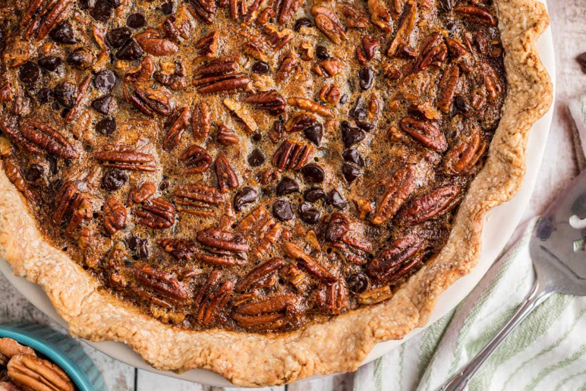 Overhead view of the bourbon chocolate pecan pie.