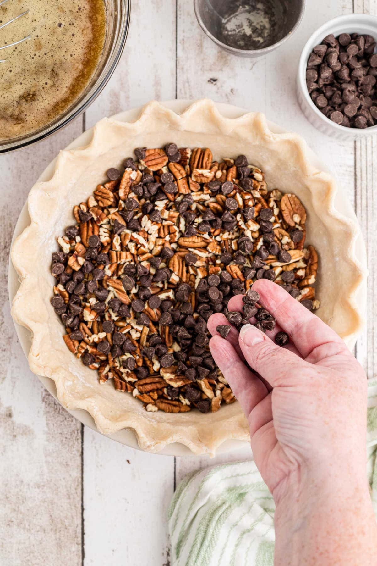 Chocolate and pecans in the bottom of an unbaked pie crust.