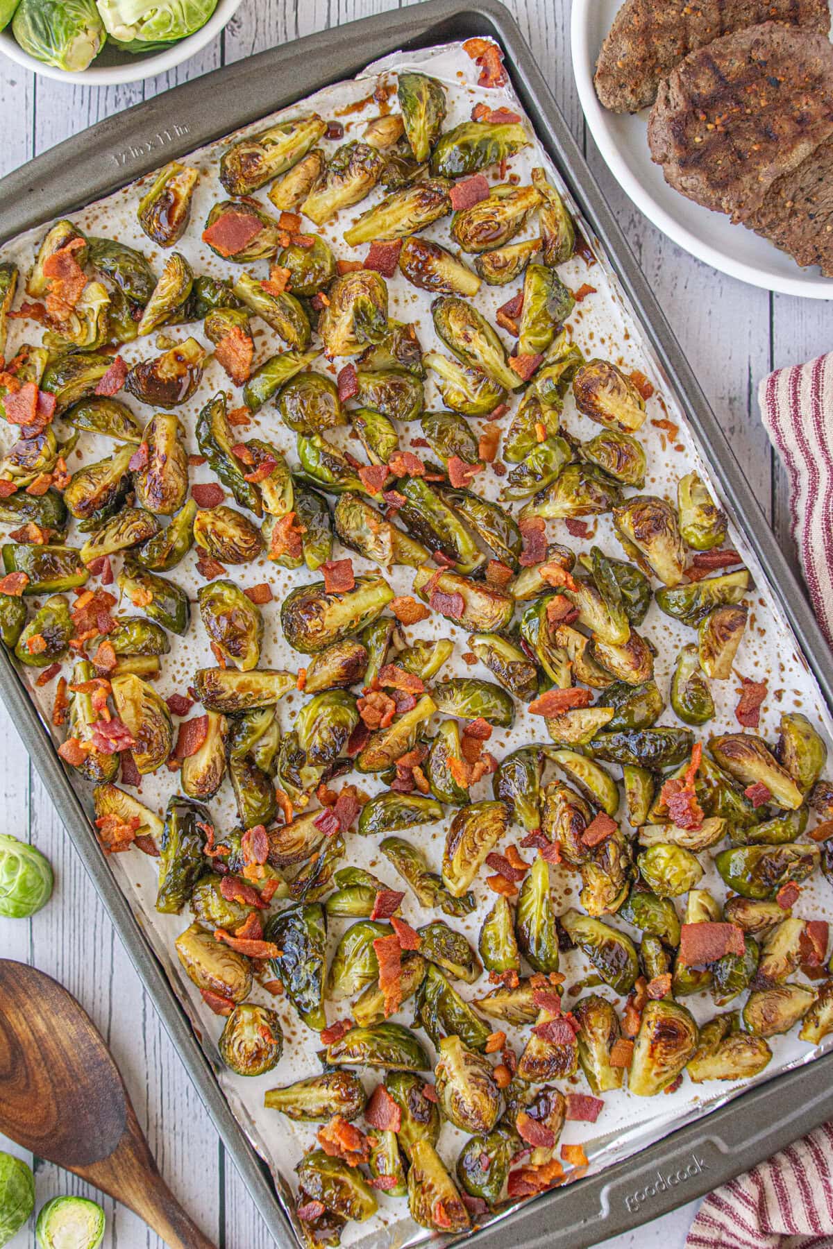 The dressed Brussels sprouts topped with crispy bacon.